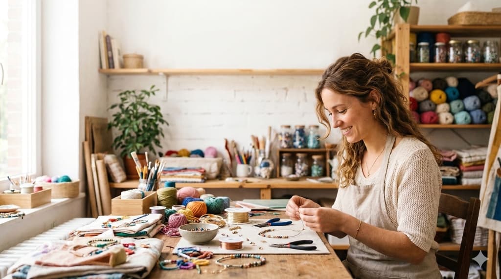 Artisan shaping clay pottery in a bright studio